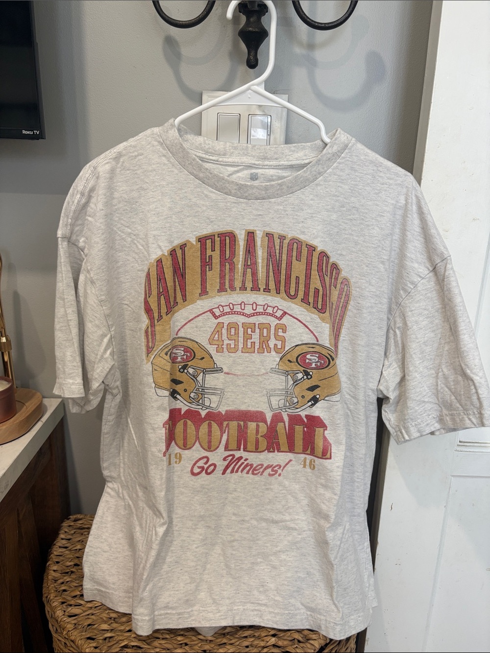 American Eagle Outfitters White Graphic Tee with Red and Gold Print